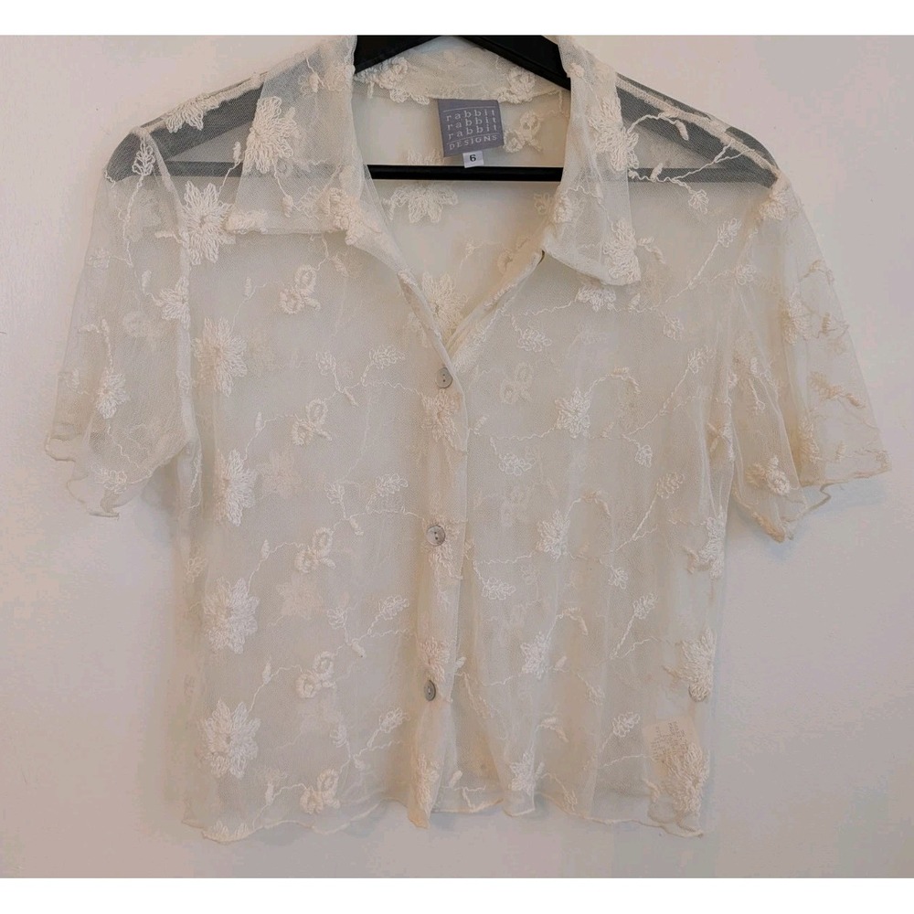 90s Rabbit Designs Cream Sheer Lace Floral Shirt Boho Hippie Coquette‎ Size 6P